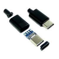 Штекер USB type C, под шнур, пластик, чёрный, Tcom