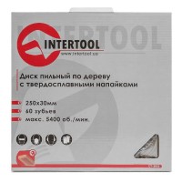 Диск пильный по дереву с твердосплавными напайками 250x30x1,7 мм; 60 зубьев INTERTOOL CT-3052